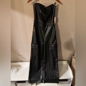 Kershe Black Faux Leather Strapless Cargo Jumpsuit Wide Leg Small NWT